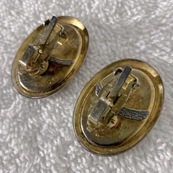 Vintage Blue Faux Abalone W Silver Tone Trim Oval Clop On Earrings - Picture 5 of 9